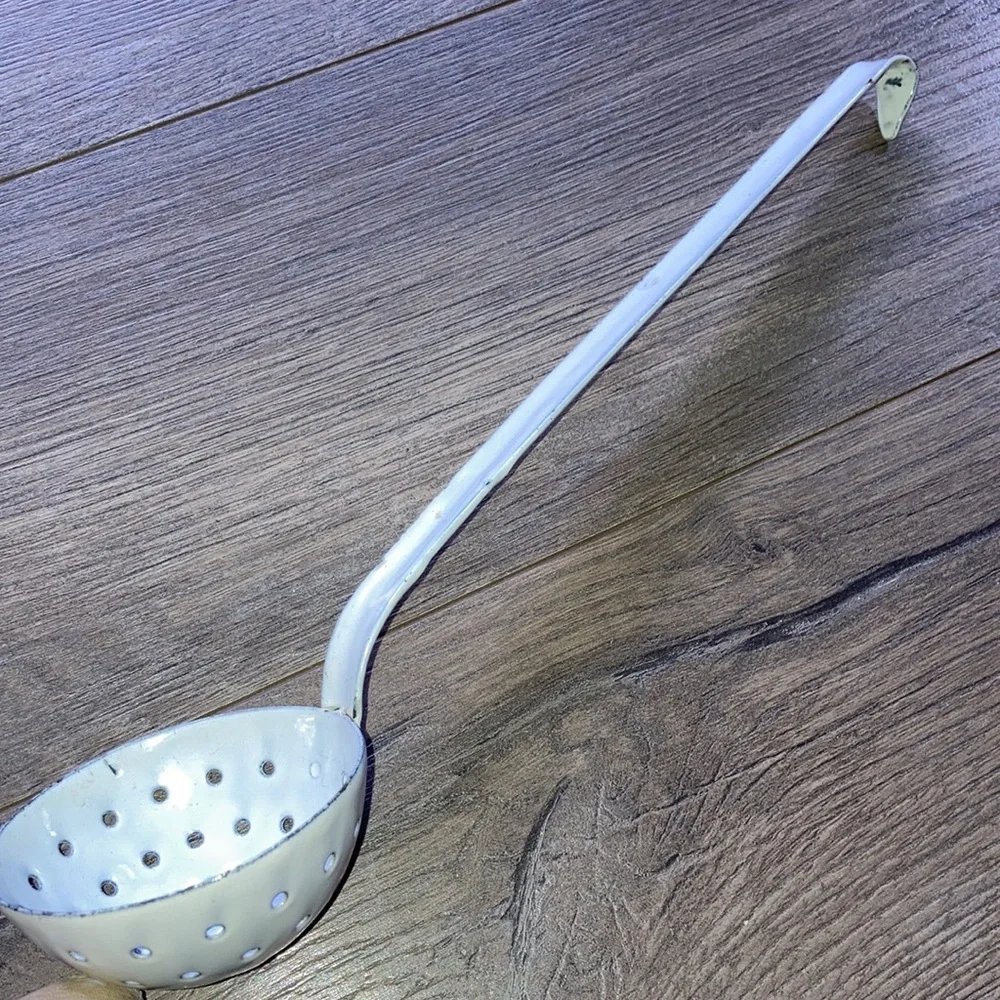 Vintage Soup Ladle White Enamel Rustic Metal Strainer with Long Handle Antique